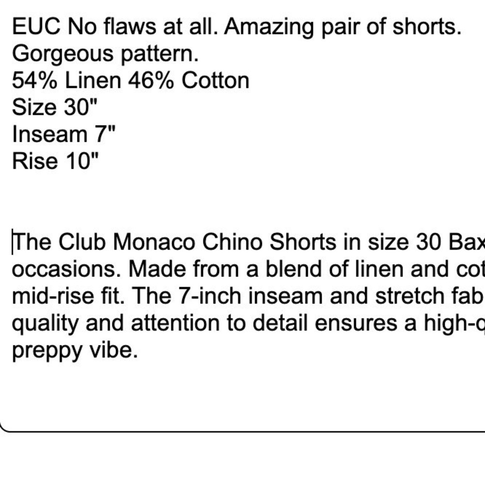 Club Monaco Chino Shorts Mens 30 Baxter Fit Linen Cotton Navy Blue Floral White - Picture 9 of 9